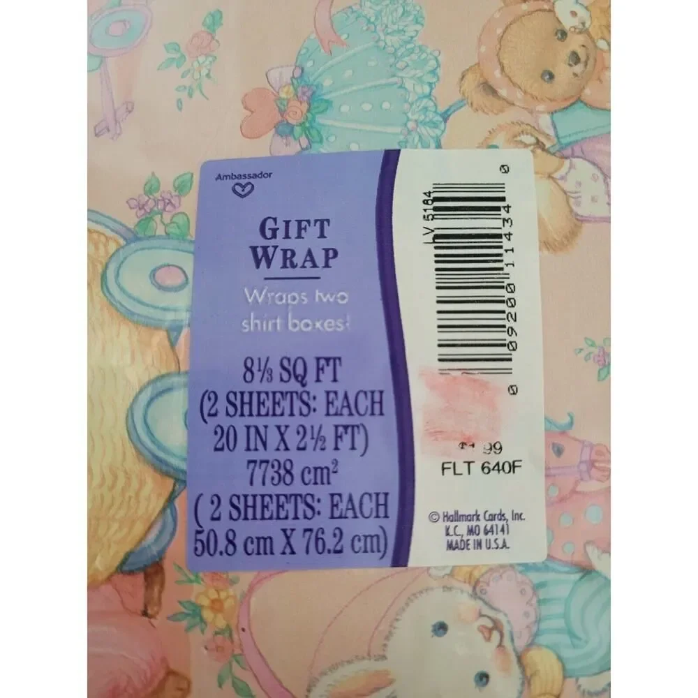 vintage hallmark Teddy Bear Bunny Rabbits ambassador pink 90s wrapping paper